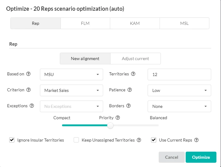 Kaizen territory optimizer settings